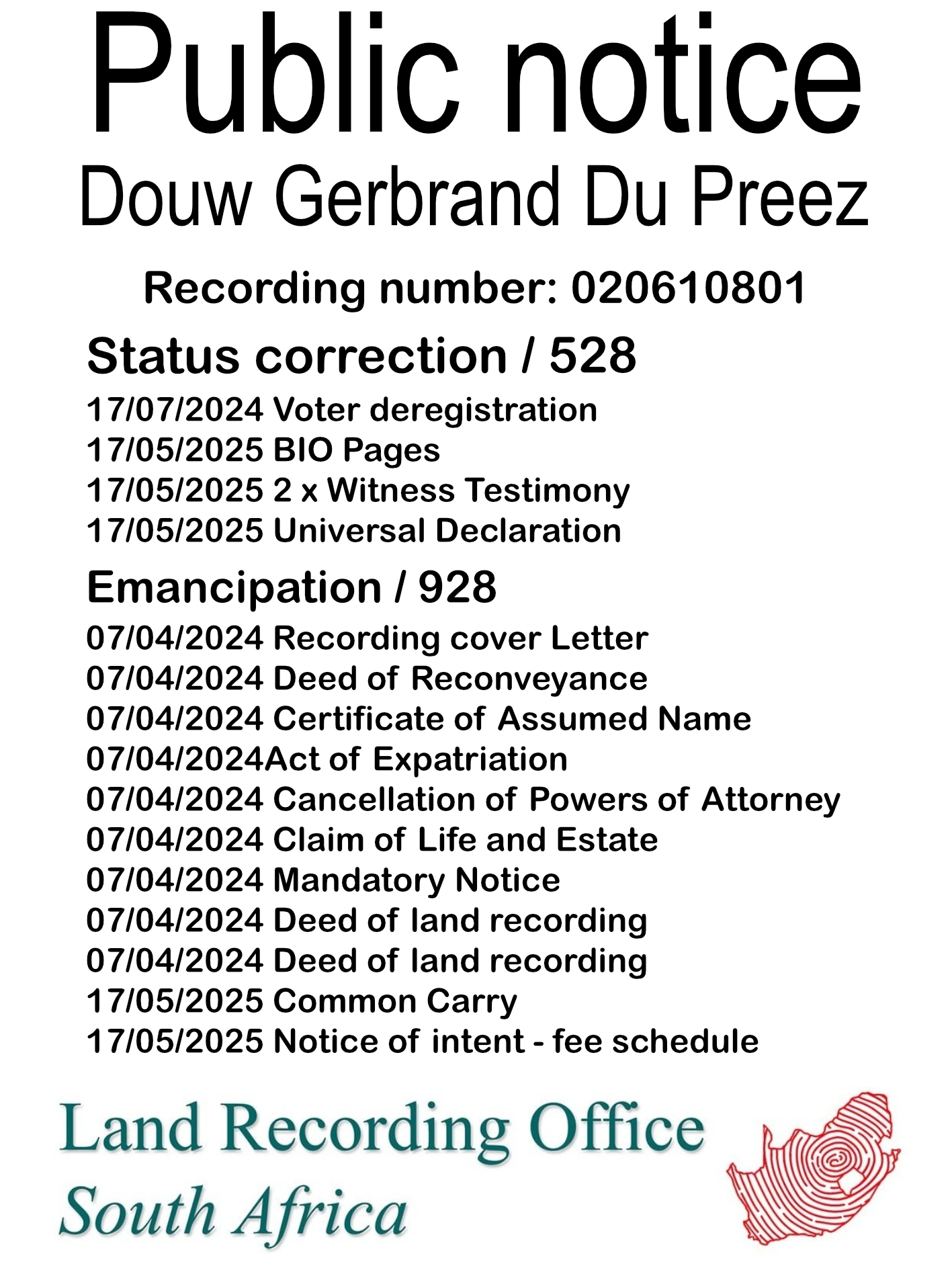 Public Notice Douw Gerbrand Du Preez (c) Recording number 020610801